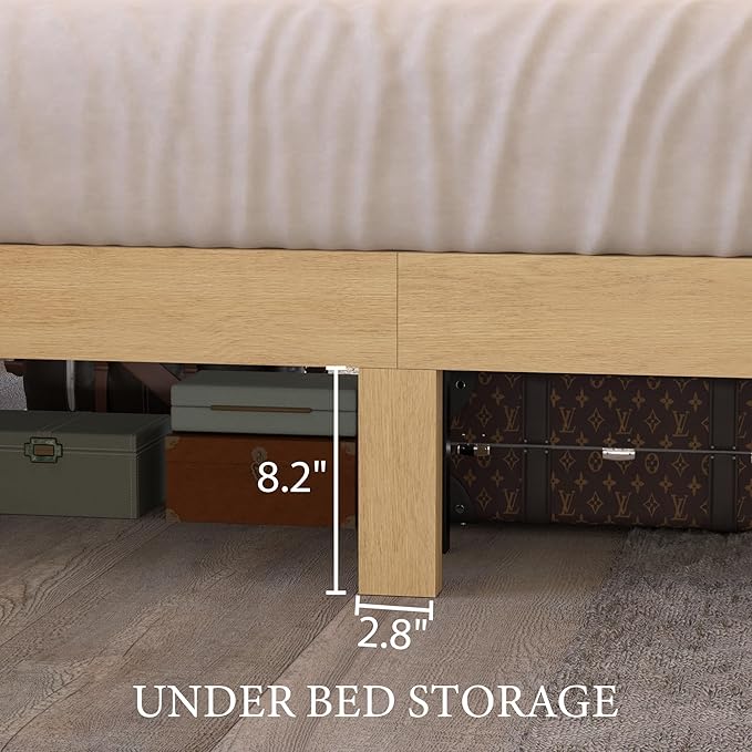 XIAOWEI Queen Size Bed Frame with 52.4" Tall Headboard 2 Storage Drawers,Fluted Sturdy Wooden Frame with Underbed Storage,No Box Spring Needed Platform Bed,Easy Assembly Low Profile Bed Frame,Natural