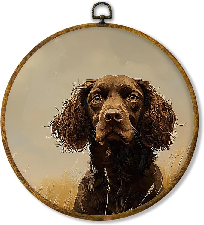 Hiuwevt English Cocker Spaniel Round Wall Art Decor, Rustic Hunting Dog Framed Canvas Prints, Cocker Spaniel Gifts Round Wall Hanging Decor for Home Bedroom Living Room Decorations, 10x10 Inches