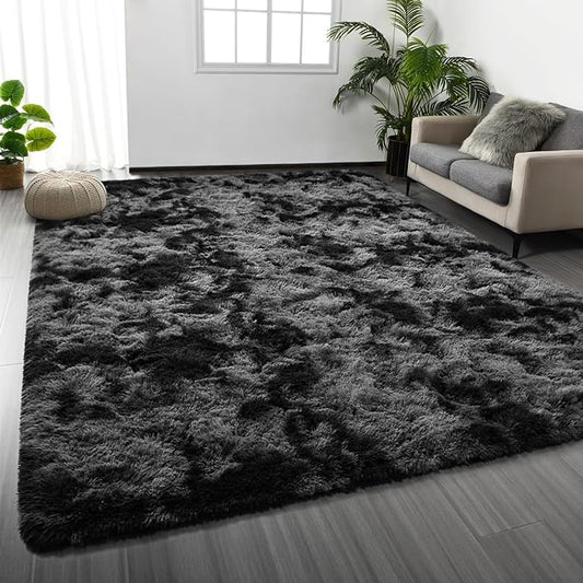 Large Shag Area Rugs 9 x 12, Tie-Dyed Plush Fuzzy Rugs for Living Room, Ultra Soft Fluffy Furry Rug for Bedroom, Indoor Carpet Nursery Rugs for Kids Room Home Decor, Dark Grey