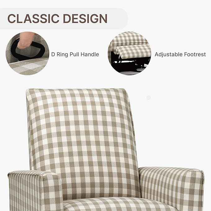 Swivel Rocker Recliner Chair, Nursery Glider Recliner Manual Rocking Comfy Upholstered Fabric Reclining Single Sofa for Nursery Bedroom Living Room