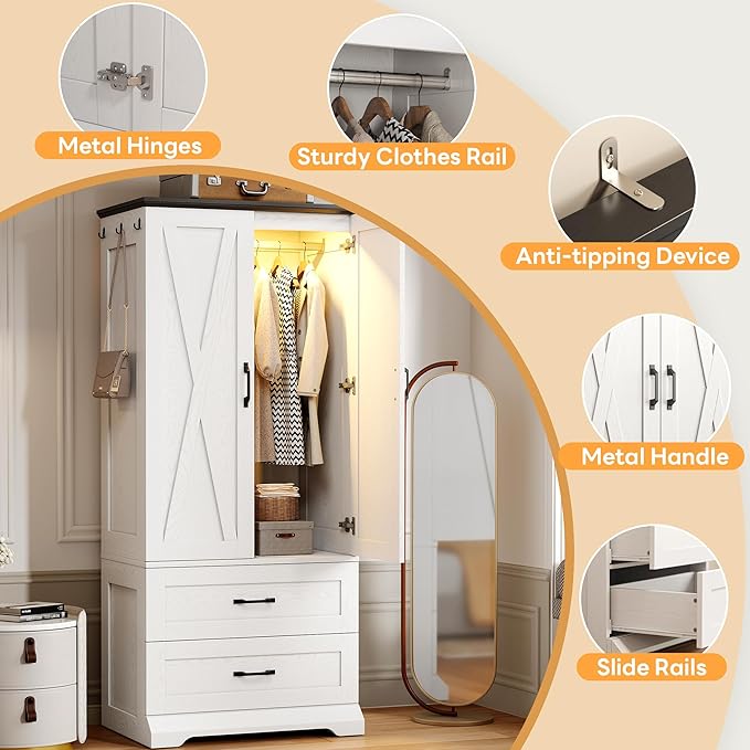 LIKIMIO Armoire Wardrobe Closet 70.9" H, Bedroom Wooden Wardrobe with 2 Doors, 2 Drawers and Sensor Light, Clothing Storage Cabinet Organizer Combination with Hanging Rod, Hooks, White