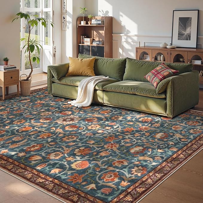 Anidaroel 8x10 Rugs for Living Room, Washable Floral Print Boho Area Rug, Non Slip Soft Large Rugs for Bedroom Stain-Resistant Dining Room Carpet for Home Office Nursery Farmhouse, Blue&Red