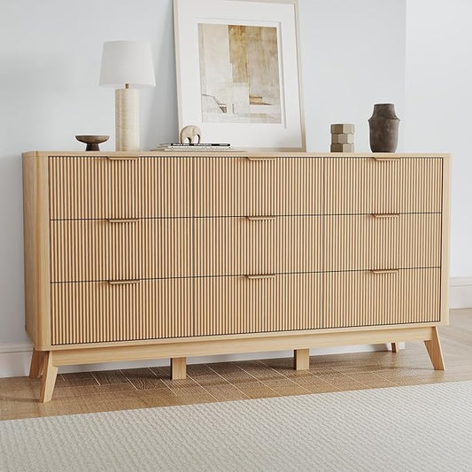 SUNWAVE 9 Drawer Dresser for Bedroom, 59.1" Large Fluted Dresser with Round Corner, Modern Dressers Wood Chest of Drawer for Living Room