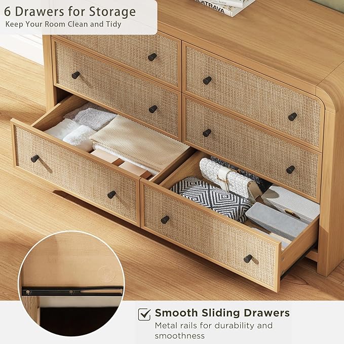 Oak&Sparrow 6 Drawer Dresser for Bedroom, 49'' Rattan Dresser with Ample Storage, Boho Chest of Drawers, Thickened Curved Profile Design, Oak Dressers for Bedroom, Living Room