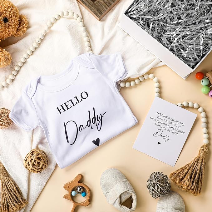 4 Pcs Pregnancy Announcement for Husband, Hello Daddy Baby Bodysuit, Hello Daddy Pregnancy Reveal Card Baby Reveal Gift Box Baby Announcement Gifts Set for Husband Partner