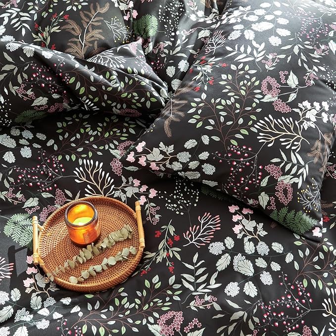 Floral Duvet Cover Queen 3 Pieces Elegant Flower Bedding Set Farmhosue Aesthetic Bedding Soft Microfiber Black Duvet Cover Set with 2 Pillowcases