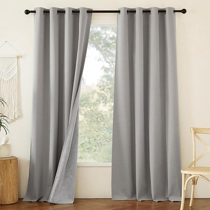 NICETOWN 100% Absolutely Blackout Faux Linen Curtains with Thermal Insulated White Liner, 52" W, 2 PCs, Light Grey, 95" Long Drapes Sweep The Floor Decorative Keep Privacy Panels for Living Room/Villa