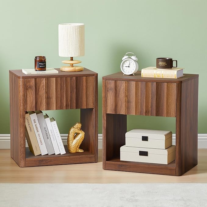 Fluted Dresser, Small Nightstands Set of 2, Natural Bedside Table with Drawer and Storage, Mid Century Modern Side Table for Bedroom Sofa