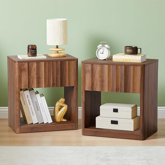 Fluted Dresser, Small Nightstands Set of 2, Natural Bedside Table with Drawer and Storage, Mid Century Modern Side Table for Bedroom Sofa