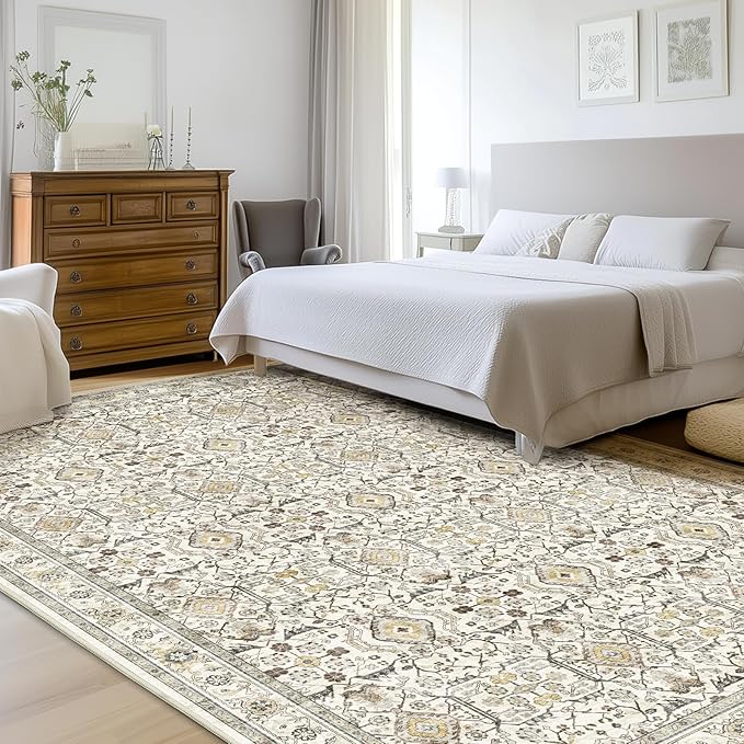 WITSHOCK Living Room Area Rugs 9x12: Washable Rug Boho Soft Non-Slip Low Pile Stain Resistant Foldable Carpet for Bedroom Playroom Dining Room Office Kitchen Farmhouse Home Decor Rug-Cream Color