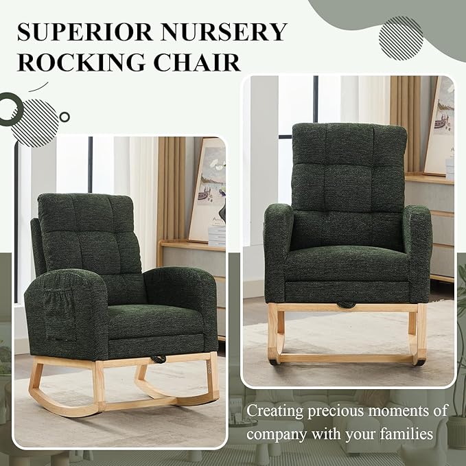 Nursery Rocking Chair, Polyester Upholstered Glider Chair with Footrest, Comfy Rocker Chair, Accent Chair with High Backrest, Glider Rocker, Armchair for Living Room (Dark Green Linen)