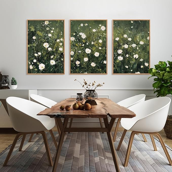 HLNIUC Green White Floral Framed Wall Art Set, Abstract Flower Canvas Wall Decor, Modern Botanical Wall Painting, Blossom Landscape Art Print for Living Room, Bedroom, Office - 16"x24"x3
