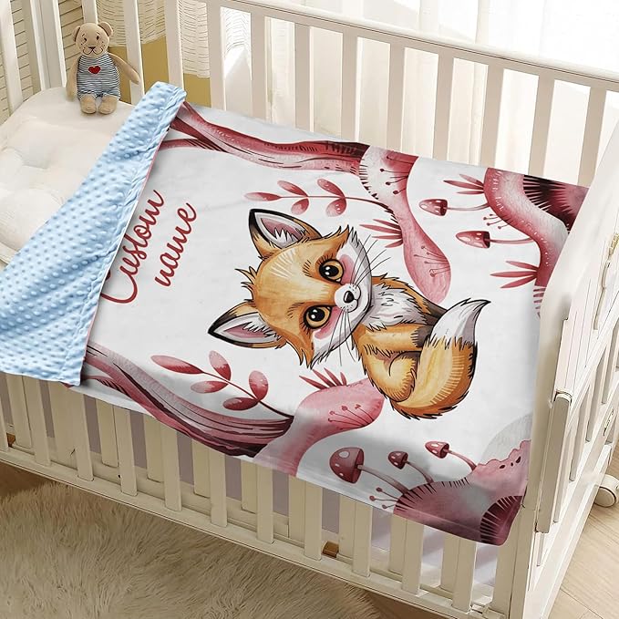 Personalized Baby Blanket with Name – Woodland Rusty Red Fox Design Soft Receiving Blanket for Newborn Girls, Custom, Cozy Nursery Decor for Toddlers