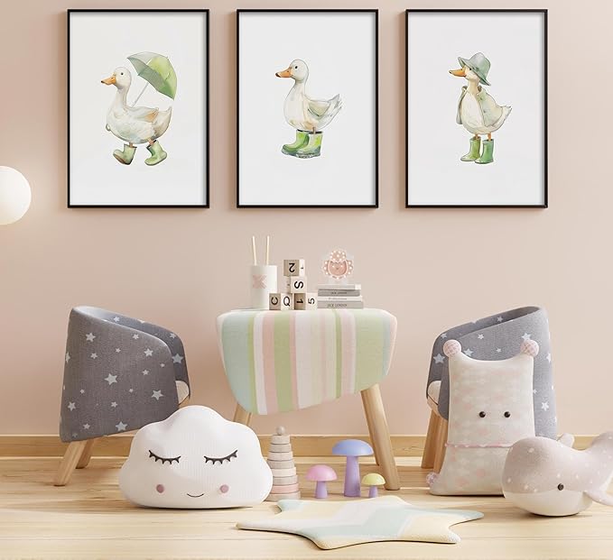 3Pcs Baby Animal Nursery Wall Art Funny Green Rain Gear Duck Painting Picture Wall Decor This Set of 3 Happy Ducks Wearing Green Boots Poster Print Artwork for Kids Boys Room Bedroom Decorate,Unframed