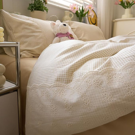 LifeTB Tan Gingham Duvet Cover Twin 3 Pieces Romantic Lace Duvet Cover Vintage Plaid Checkered Comforter Cover with 2 Pillowcases Soft Microfiber Beige Tan Grid Farmhouse Plaid Bedding Set