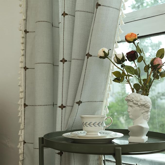 Deeprove Boho Curtains 84 Inches Long for Bedroom, Checkered Bohemian Chic Textured Embroidery Plaids, Vintage Tassels Country Decor Drapery, Rod Pocket, 1 Panel W52 x L84, Dusty Greyish Cream