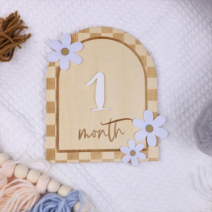 Daisy 3D Baby Monthly Milestone, Wooden Baby Milestone Signs, Monthly Milestone Wood Discs, Baby Milestone Discs (Caro Card)