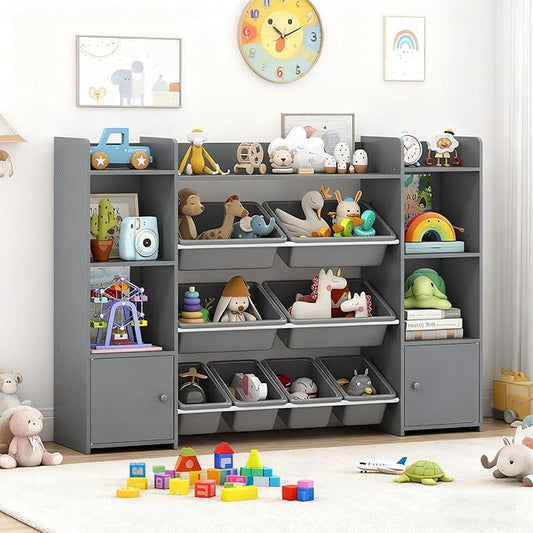 Costzon 56'' Kids Toy Storage Organizer with 8 Removable Bins, 4-Tier Toddler Bookshelf Cubbies, Preschool Children's Montessori Bookshelf w/6 Large Cabinet for Playroom, Daycare, Kids Room, Classroom