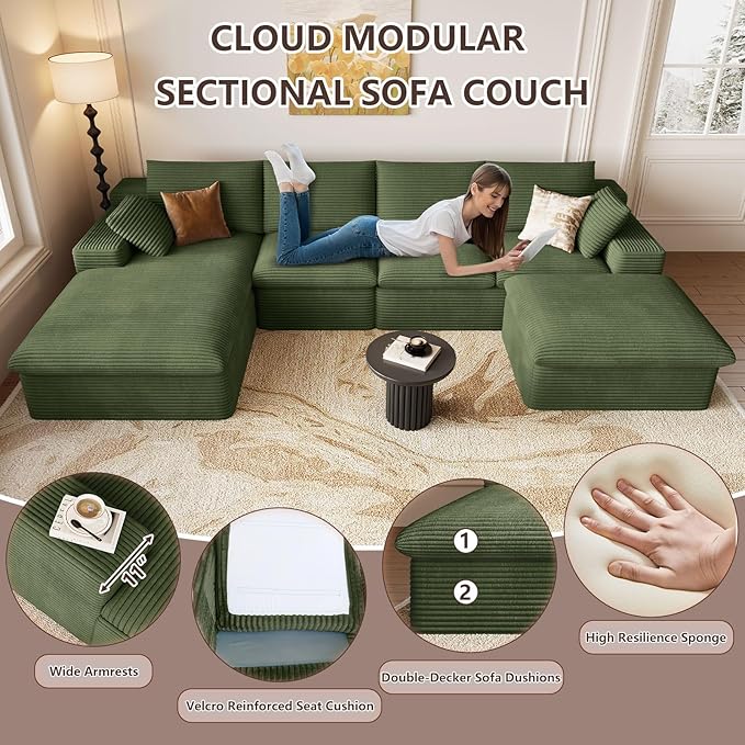 136" Cloud Modular Sectional Sofa with 1 Ottoman, Comfort U Shaped Sofa for Living Room, Deep Seat Boneless Couch, Modern Upholstered Corduroy Couches, No Assembly Required(Green,Left Facing Chaise)
