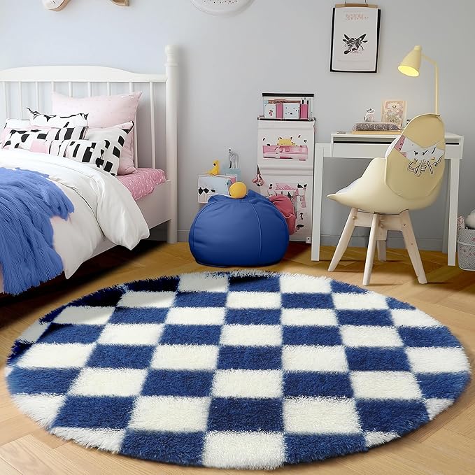 KICMOR Round Rugs 5ft Blue and Cream White Circle Area Rug, Fluffy Soft Fuzzy Shag Shaggy Bedroom Living Room Carpet, Indoor Checkered Circular Rug for Kids Boys Girls Home Decor Aesthetic, Nursery
