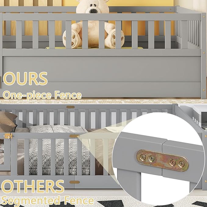 Full Floor Bed with Slats, High Fence and Door, Montessori Floor Bed Full Size, No Box Spring Needed, Easy Assemble Floor Bed(Gray Full)