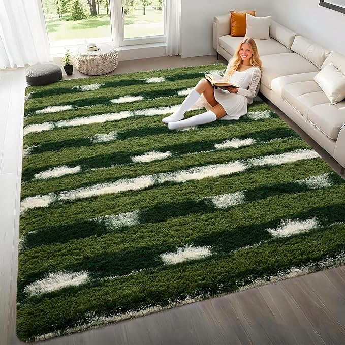 4x6 Feet Area Rugs for Living Room Bedroom,Green and White Machine Washable Soft Fluffy Shaggy Indoor Rug, Floor Carpet for Girls Boys Kids, Dorms, Nursery Rooms, Home Decor Aesthetic