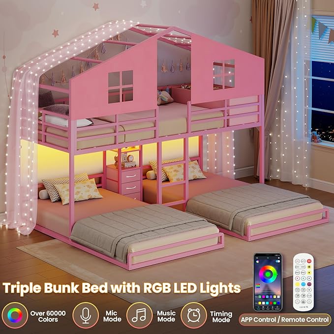 BTHFST Triple Bunk Bed Twin Size with House, 4 Storage Drawers, Charging Station and LED Lights, Metal Kids Bunk Bed with 13.4" H Safety Guardrail and Play Curtain, DIY House Shaped Bed, Pink