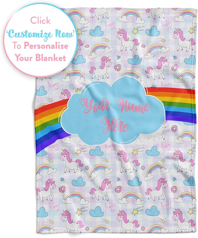 Personalized Rainbow Unicorn Throw Blanket for Girls and Boys with Custom Name, Cute Soft Bedding for Nursery Room or Tummy Play, Warm and Plush (Fleece 60x80)