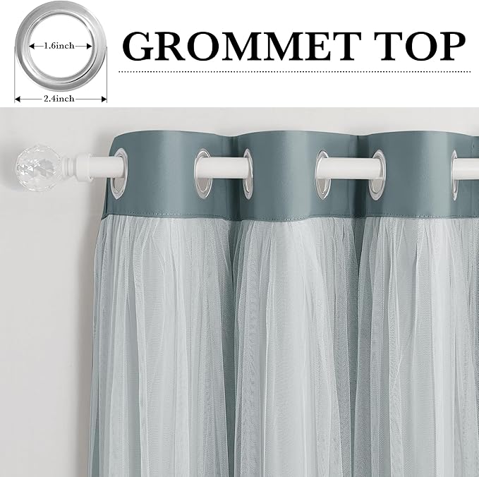 PONY DANCE Blackout Curtains Double Layer Curtains 84 Inches Long with White Sheer Elegance Grommet Window Panels for Girls Kids Room Darkening with Extra Tie-Backs (52x84, Shadow Blue, 2 PCs)