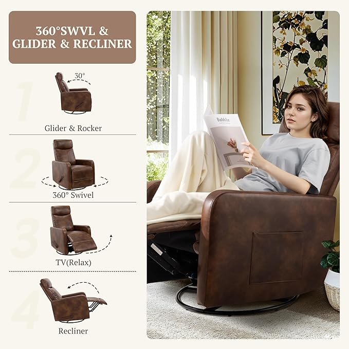 Swivel Rocking Recliner Chair for Small Space, Manual Swivel Glider Recliner for Nursery,RV,Rocking Recliner with Footrest and Side Pocket (Light Brown)