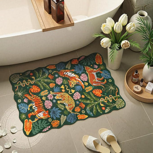 LEEVAN Washable Tiger Rug 2x3 Bathroom Rugs Non Slip Scalloped Green Entryway Doormat Leopard Front Door Mat Low Pile Rug Pad for Porch Soft Jungle Laundry Rug