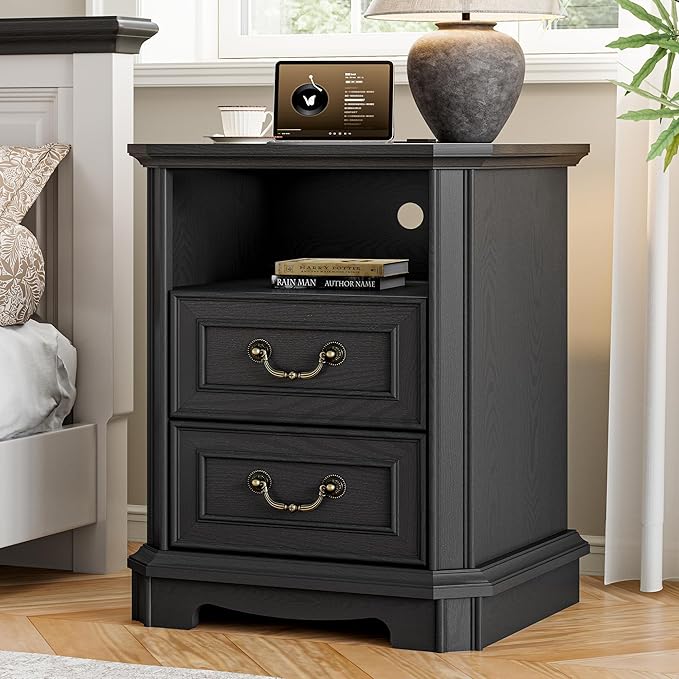 Farmhouse Nightstand with Charging Station, 18" Side Table with 2 Storage Drawers, Rustic Wood Night Stand with Metal Handle, Wooden Bedside End Table Small Dresser for Bedroom, Living Room, Black