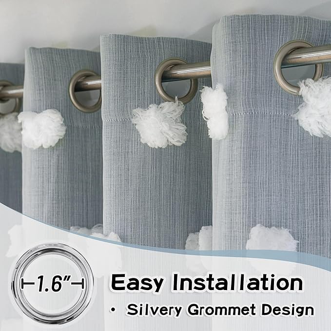 MYSKY HOME Dusty Blue Living Room Curtains 90 Inch Long Double Layer Blackout Curtains for Bedroom White Pom Pom Sheer Curtains for Kids Room Darkening Grommet Top Nursery Window Panels 52 x 90 in