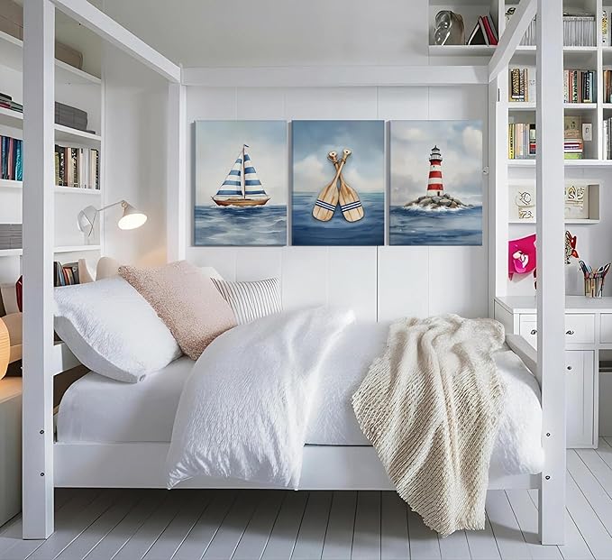 Blue Nautical Nursery Wall Art Vintage Sailboat Lighthouse Pictures Wall Decor Boy Coastal Posters Navy Sea Ocean Canvas Print Artwork for Kids Boys Room Playroom Bedroom Decor, Framed