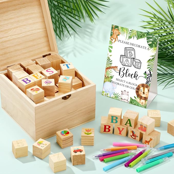 Marsui 136 Pcs Baby Shower Blocks to Decorate Game Kit Includes 98 Wooden Blocks, 36 Markers, 1 Game Sign, 1 Storage Box for Baby Shower Gender Reveal Activity Party Decorations(Animal)