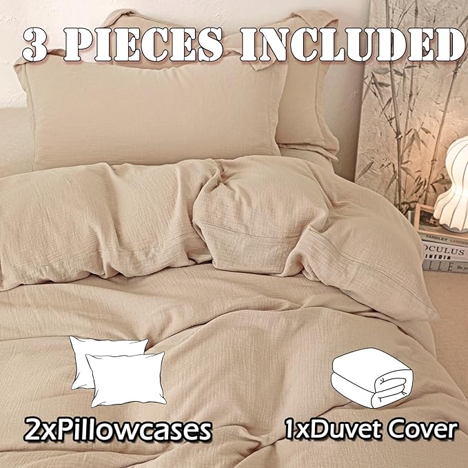 MorroMorn Muslin Duvet Cover King Size, 100% Cotton Comforter Cover Set Ultra Soft, 3 PCS 2-Layer Gauze Duvet Cover with 2 Pillowcases, Breathable Lightweight Linen Like, 90"x104", Linen Beige
