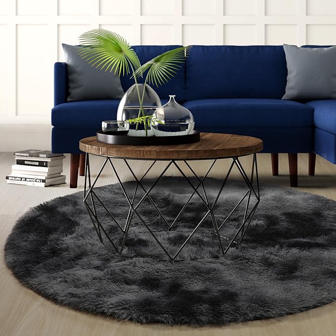 Amdrebio Tie-Dyed Dark Grey Round Area Rugs for Living Room, 6x6 Rug, Soft Thick Large Circle Rug for Bedroom, Big Shag Fluffy Fuzzy Carpet for Mens Boys Kids Room, Modern Cool Floor Circular Rug