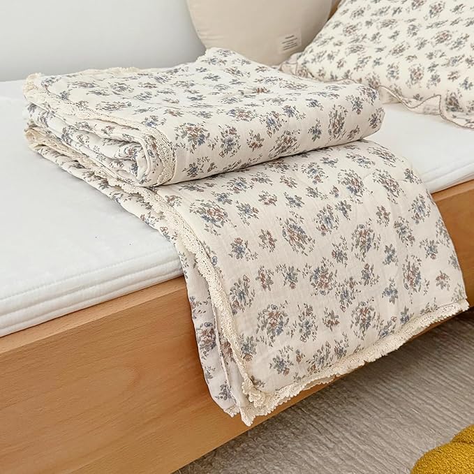BuLuTu Cottagecore Floral Toddler Bed Blanket Muslin Cotton Quilt, Vintage Princess Girls Comforter, Lace Edged Farmhouse Bedding Kids Room Nursery Decor, 60"x78", Balloon Flower Print