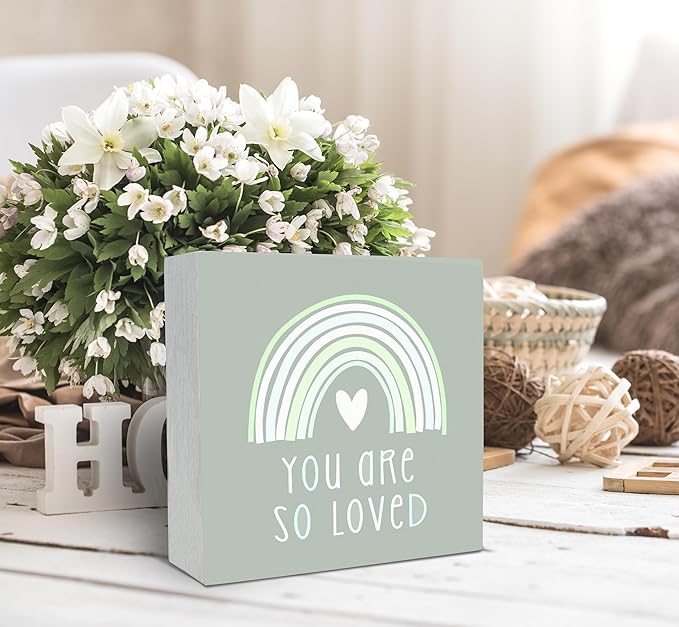 SRADMO You Are So Loved Rainbow Heart Wood Box Sign Desk Decor, Green Kids Inspirational Quotes Wooden Block Box Sign Decoration for Kids Room Nursery Playroom Shelf Table Decorative Accessories