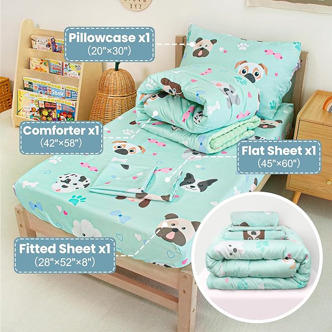 TinyPalsa Toddler Bedding Set, 4-Piece Puppy Dog Comforter Set for Girls and Boys, Breathable Crib Bedding Includes Ultra-Soft Plush Minky Comforter, Flat and Fitted Sheets, and Reversible Pillowcase