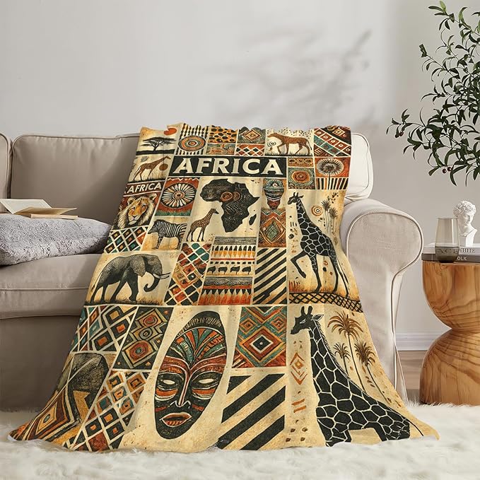African Tribal Map Ethnic Pattern Blanket Vintage African Safari Animals Throw Blanket Soft Cozy Fleece Fuzzy Plush Warm Stuff Bedding Blankets Gifts for Boys Girls Kids Adult Men Women 50"X60"