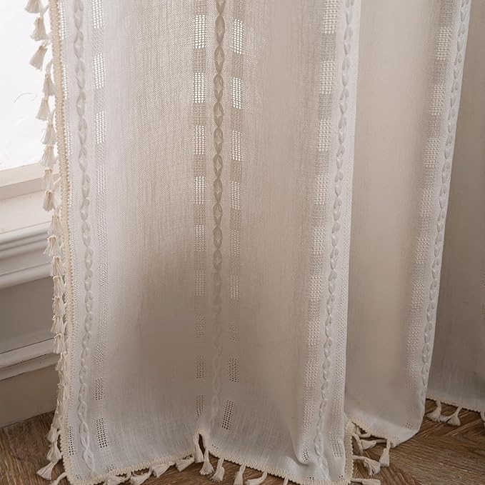 Deeprove Cream White Boho Curtain 84 inches Length for Living Room Bedroom Nursery Doorway, Cream Bohemian 84 inches Long, Chic Stripe Embroidery Privacy Window Fringe Decor W52 x L84, 1 Panel