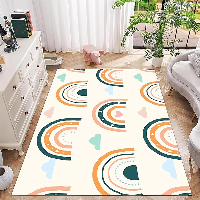 Children's Carpet Girl's Bedroom Rainbow Carpet Living Room Area Rugs Soft Washable Non-Slip Rugs Simple Lovely Rainbow White Cloud Print Children's Room Nursery Decoration Beige 6x9ft