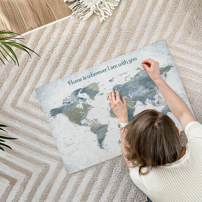 ElephantStock - Home With You II Push Pin World Map Wall Art - Horizontal Canvas Wall Art - Living Room Wall Decor - Digital Art Map Canvas Art - Blue And Gray Decor - 30" x 20"