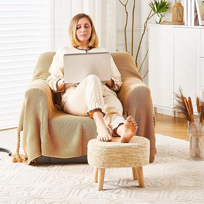 Cpintltr Round Ottoman Natural Seagrass Footstool Hand Weave Water Hyacinth Poufs Eco Friendly Sofa Foot Stool Soft Step Stool Padded Foot Rest with Pine Legs for Living Room (Cream)