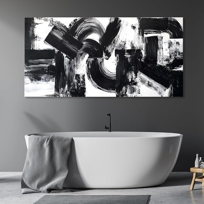 Black White Abstract Wall Art for Living Room, Modern Brushstroke Canvas Painting Artwork for Walls, Minimalist Black Geometric Curves & Blocks Pictures for Bedroom, Kitchen, Office Wall Decor 12"x24"