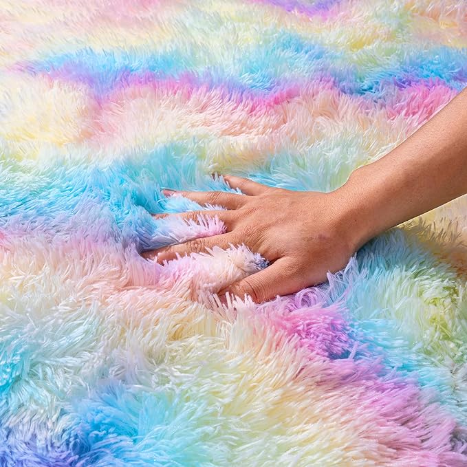 Rainbow Rug for Girls Bedroom, 4x6 Area Rug for Cute Girls Room, Bedside Indoor Floor Fluffy Shag Carpet, Plush Soft Rug for Living Room Nursery Dorm Home Decor