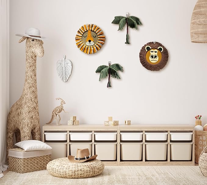 cosyLabels Macrame Nursery Decor: Safari Boho Baby Room Decor. Premium Jungle Wall Hanging with Hooks, Cotton Base. Lion, Monkey, 2x Palm Trees, Leaf