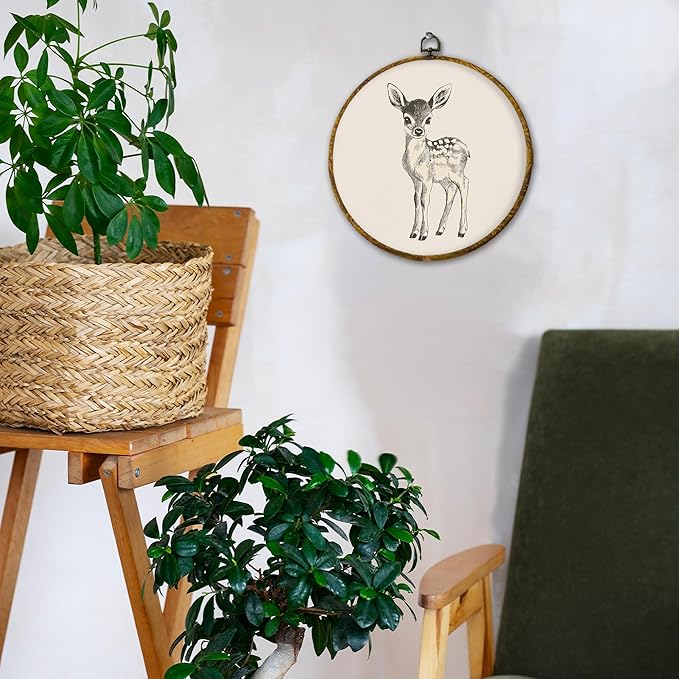 Hiuwevt Vintage Deer Round Wall Art Decor, Cottagecore Deer Framed Canvas Prints, Retro Rustic Wild Animal Farmhouse Round Wall Hanging Decor for Home Nursery Kids Bedroom Decorations, 10x10 Inches