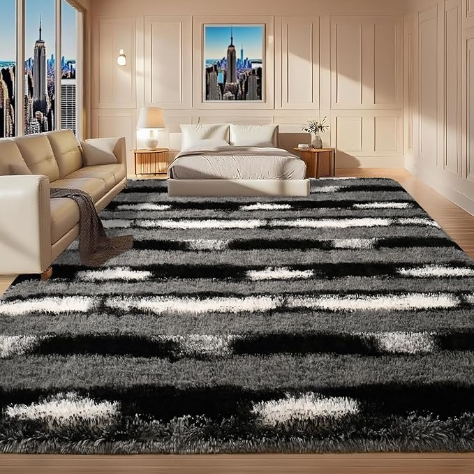 4x6 Feet Area Rugs for Living Room Bedroom,Gray and White Machine Washable Soft Fluffy Shaggy Indoor Rug, Floor Carpet for Girls Boys Kids, Dorms, Nursery Rooms, Home Decor Aesthetic